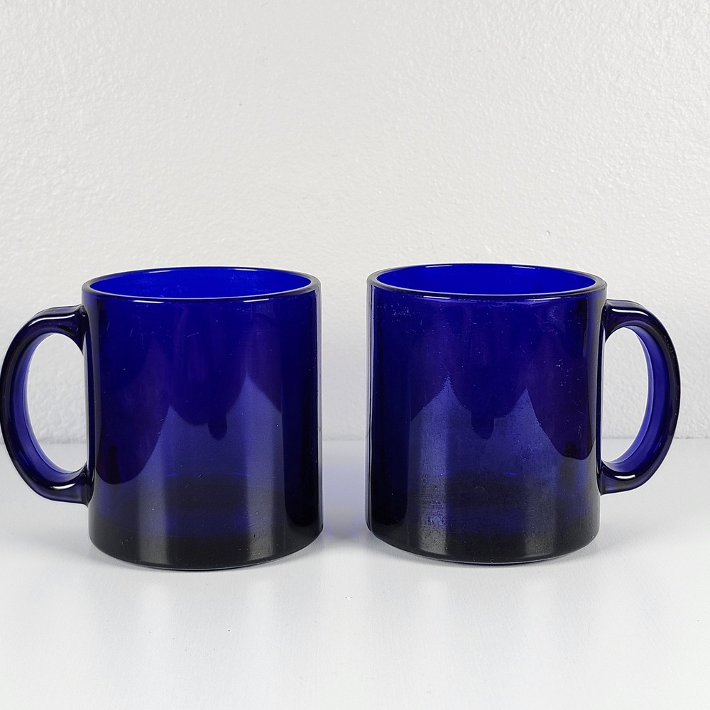 Cobalt Blue Glass Coffee Mugs Set of 2 Made in USA Sapphire Blue Cups Vintage